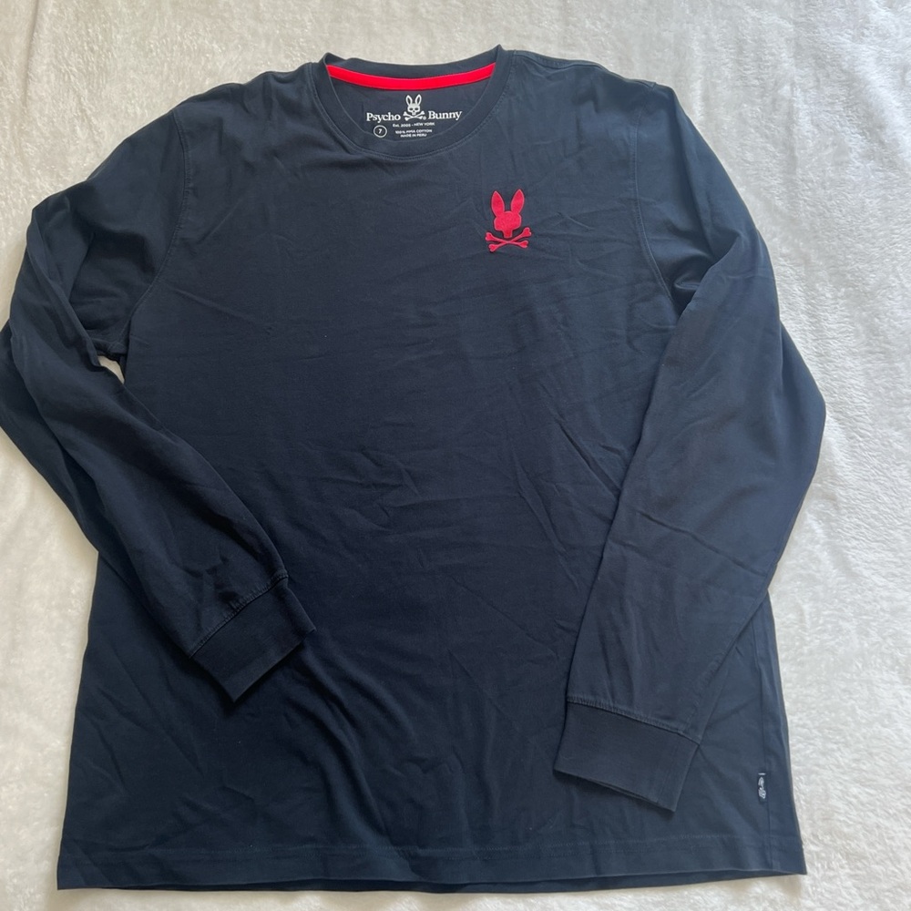 Psycho Bunny Men's Dark Blue Long Sleeve Tee with Red Logo